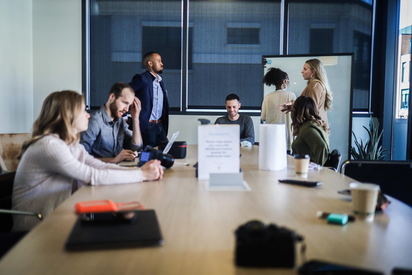 Business team discussing strategy around a table